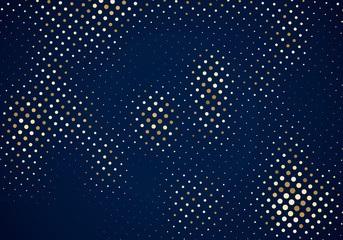 Abstract glitter gold halftone pattern on dark blue background background and texture. Luxury style.