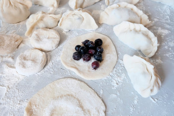 Dumplings, dumplings, ravioli, filled with cherries, berries. Pies-dumplings with filling, a popular dish in many countries. The concept of cooking sweet dishes , desserts.