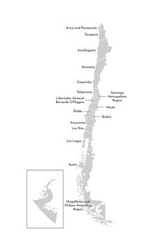 Vector isolated illustration of simplified administrative map of Chile. Borders and names of the regions. Grey silhouettes. White outline
