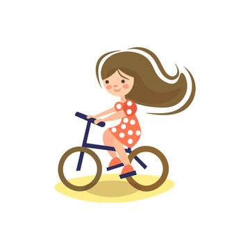 Cute cartoon illustration of little pre teeen girl, riding a bicycle. Child riding bike. Kid on bicycle, Little girl enjoying bike ride on her way to school. Sport for kids.