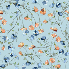 Fototapeta na wymiar Simple floral background with flowers on a blue background. Drawn floral textures. Blue ornament to decorate fabrics, tiles and paper and wallpaper on the wall.