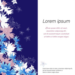 Template frame for text, presentation, poster. Vector multicolored flowers on a blue background.