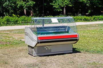 Empty refrigerator showcase standing on the grass in the park