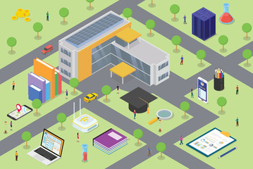 university campus life concept with big building and some related icon in education with some student on campus area with modern isometric style - vector