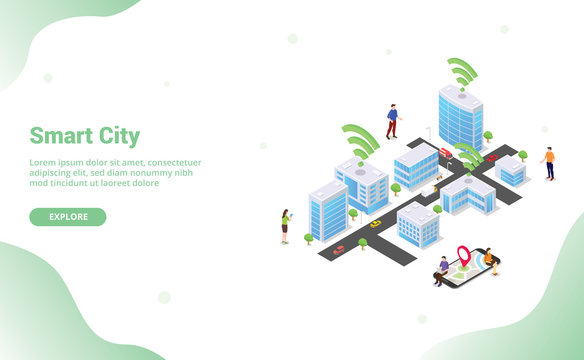 smart city concept with big buildings and team people vehicle connected using internet wifi technology for website template landing homepage with modern flat isometric style - vector