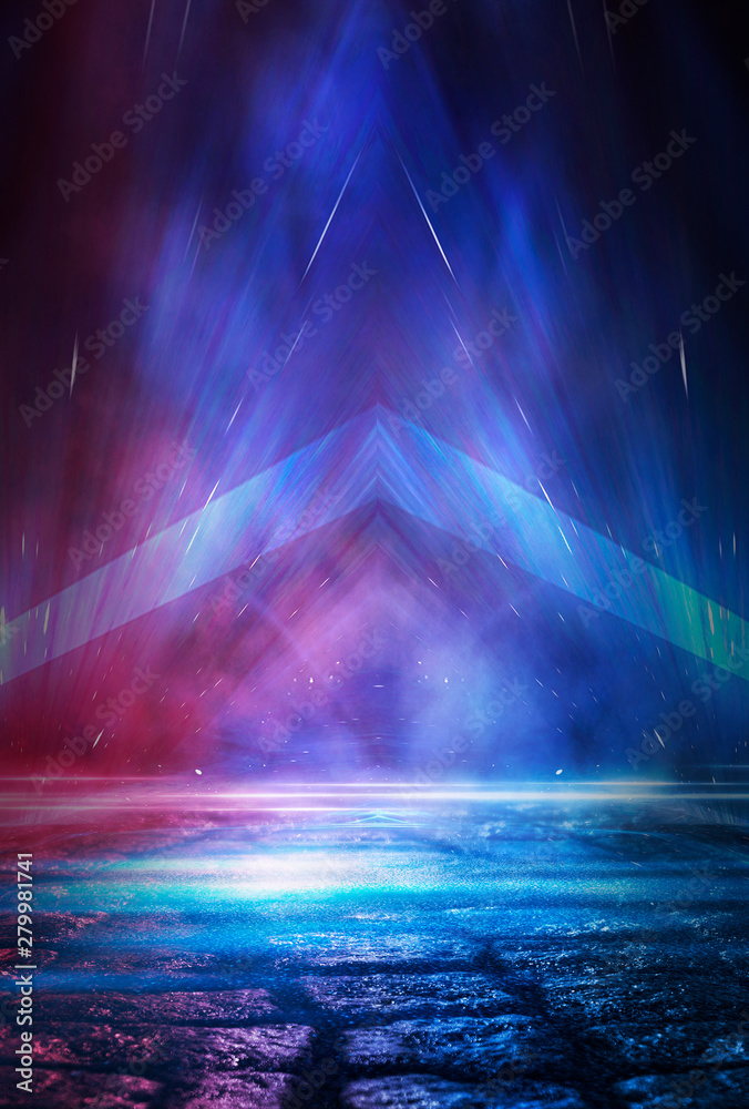 Wall mural wet asphalt, neon light reflected on a wet surface, smoke, smog. the lights of the night city.