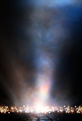 Wet asphalt, neon light reflected on a wet surface, smoke, smog. The lights of the night city.