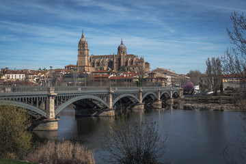 Fototapeta premium Salamanca Skyline view with Cathedral and Enrique Estevan Bridge from Tormes River - Salamanca, Castile and Leon, Spain