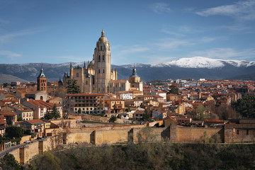 Fototapeta na wymiar Aerial view of Segovia skyline with Cathedral and City Walls - Segovia, Castile and Leon, Spain