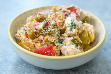 Turkish Appetizer Zucchini Salad Baba Ganoush with Yogurt, Dill and Tomatoes.