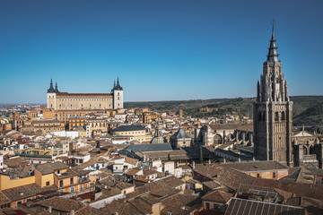 Fototapeta na wymiar Aerial view of Toledo city with Cathedral Tower and Alcazar - Toledo, Castila La Macha, Spain