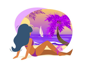Obraz na płótnie Canvas Young Tanned Woman in Bikini Sit on Sandy Beach