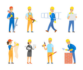 Fototapeta premium People working as engineers and builders vector, man and woman with list of tasks, plans and schemes for building. Male carrying ladder and tools