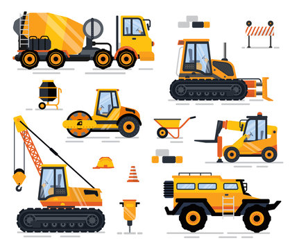 Engineering vehicle, side view tractor with hook, drill and cone forklift, off-road car. Heavy industry machines. Concrete mixer, brick and trolley, construction vector. Machines for building services