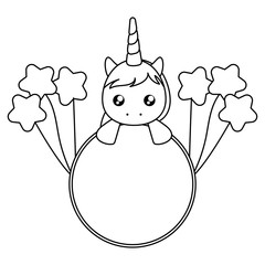 head of cute little unicorn baby with balloons helium