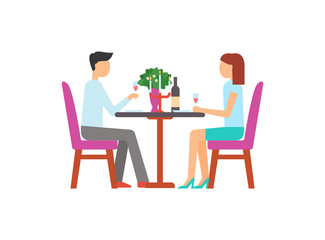 Fototapeta premium Man and woman sitting at table with bottle and plant, meeting of couple, holding glass of wine. Room decorated with lamp and colorful pictures vector. Girl and boy on dating in restaurant or cafe