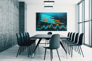 Conference room interior with financial chart on screen monitor on the wall. Stock market analysis concept. 3d rendering.