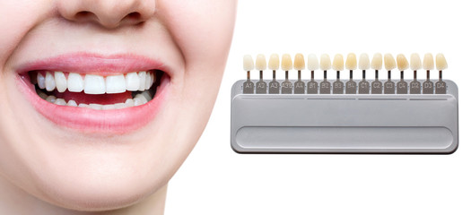 Collage of teeth palette with whitening female teeth.