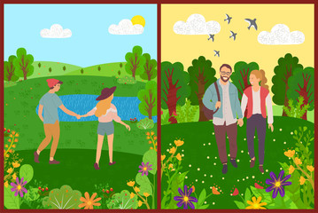 People walking in park vector, couple on date holding hands, forest with trees and flying swallows, man and woman in love, lake and sunshine weather