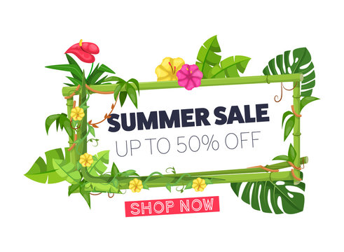 Summer sale border frame with exotic jungle plants