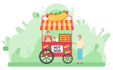 Vending cart with hot dogs. Man selling junk food in kiosk on street. Woman eating outdoors.Tasty sausage with ketchup and mustard colorful vector