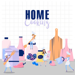 People Cook in Chef Uniform and Cap. Teamwork, Tiny Characters cook on the huge shelve with dishes, pans, food and spices. Food Preparing Process. Recipe illustration. Editable vector illustration