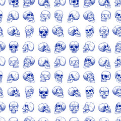 Vector seamless pattern with human white skulls. Imitation blue ballpoint pen, line art on a white background in tattoo style.