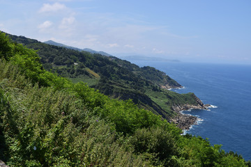 Fototapeta na wymiar Costa marítima en verano con montañas y prados verdes.