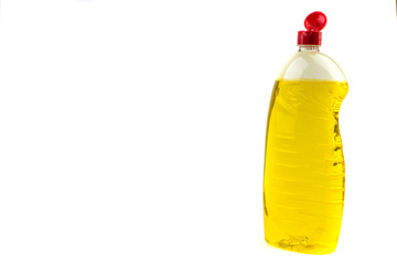 Dishwashing liquid detergent or soap in plastic bottle isolated on white background. Selective focus and copy space concept
