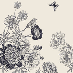 Vintage botanical decoration. Flowers, butterflies and birds. - 279985976