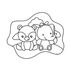 cute little bear with elephant in landscape