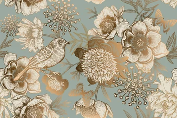 Papier peint Fleurs Vintage Modèle sans couture avec pivoines, oiseaux et papillons. Ancien.