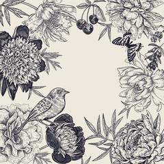 Blühende Pfingstrosen, Beeren, Vögel und Schmetterlinge. Vintage-Rahmen. © marinavorona