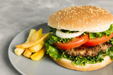 High angle close-up burger with fries on plate