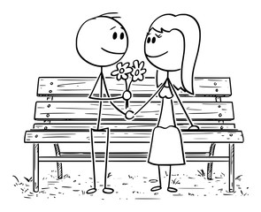 Cartoon stick drawing conceptual illustration of romantic couple sitting on park bench or seat, man is giving flowers to woman.