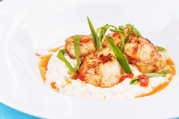  Mediterranean fish on a mashed potato pillow with tomato sauce