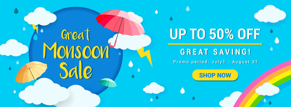 Great Monsoon Sale Banner Vector Illustration. rainy season promotion