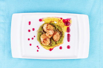  Mediterranean Chicken, on a pillow of pea puree with cranberry sauce