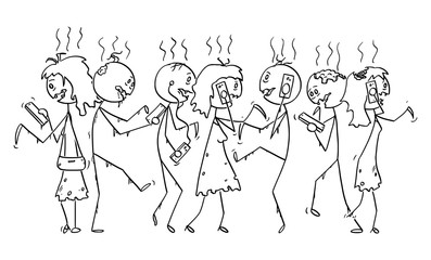 Vector cartoon stick figure drawing conceptual illustration of group of addicted zombies or dead people walking on the street and using mobile phones or cell phones.
