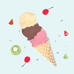 Delicious fruit ice cream cone