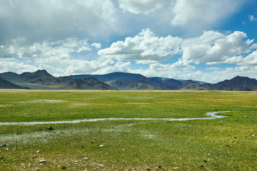Fototapeta premium Mongolian Altai. Scenic valley on the background of the snowcapped mountains.