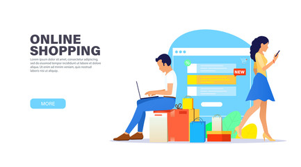 Landing Page concept. Young guy with laptop sitting on boxes purchases and shopping online. Young beautiful girl doing shopping with phone. Modern flat design for shopping websites.