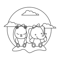 cute little elephant with bunny baby in landscape