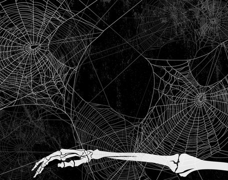 spooky halloween backdrop with spider web, dead man skeleton hand and shabby black wall - vector copy space background design