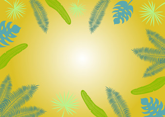 Fototapeta na wymiar The frame of tropical leaves on a yellow background, with free space for the inscription. Palm and banana leaves. Images for your decor and design. Polygraphy. Print. Background for advertising.