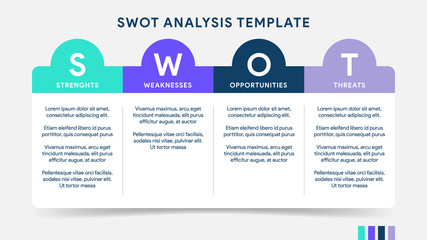 Four colorful elements with text inside placed around table. Concept of SWOT-analysis template or strategic planning technique. Infographic design template. Vector illustration.