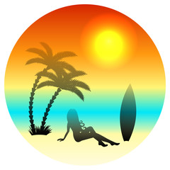 Girl, surf and palm trees on the background of the sunset. Black silhouette. Summer composition for your decor and design. Vector illustration.