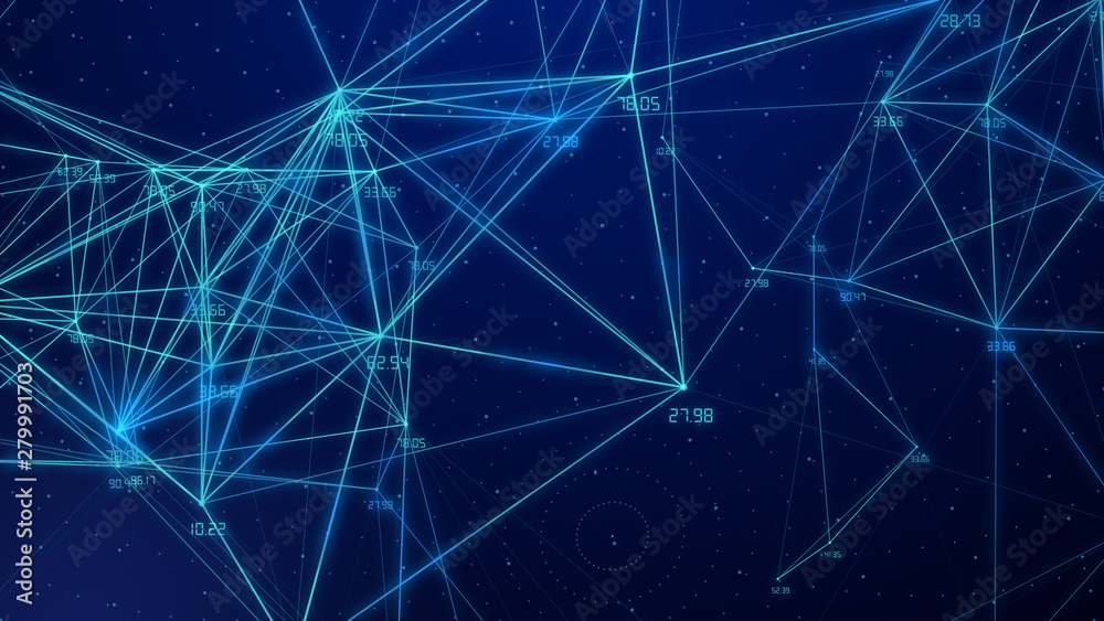 Poster abstract connected dots plexus networking light blue background with code number running