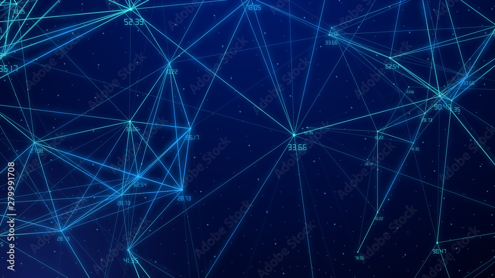Poster abstract connected dots plexus networking light blue background with code number running