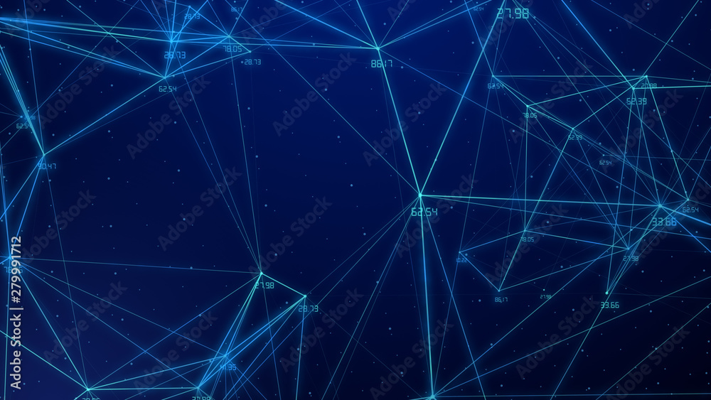 Poster abstract connected dots plexus networking light blue background with code number running